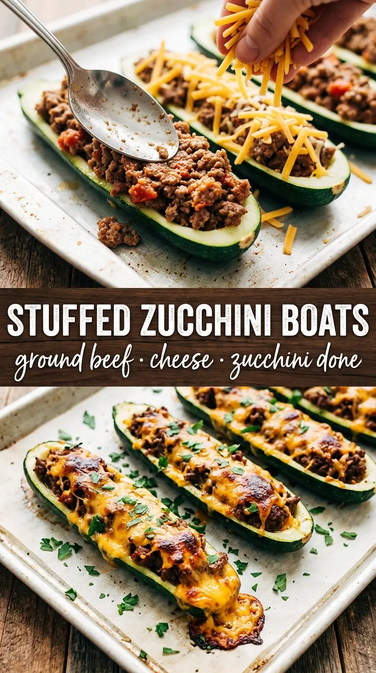 Ground Beef Zucchini Boats with cheesy, savory, golden