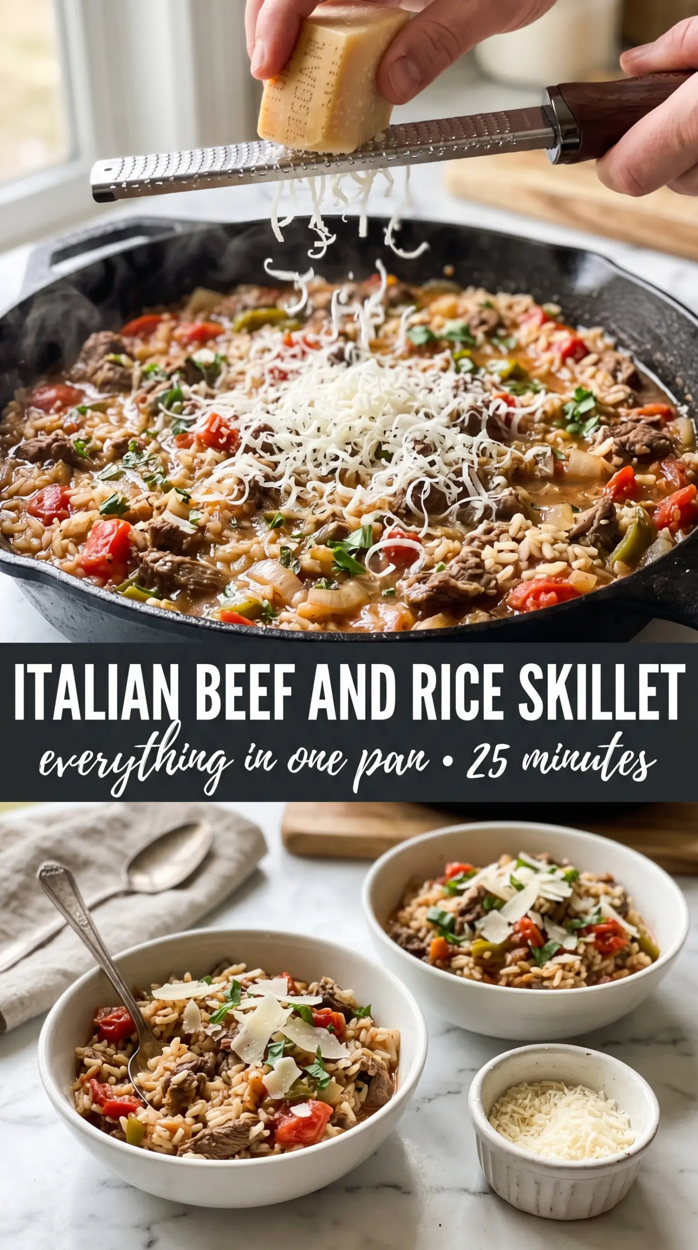 Italian Beef and Rice Skillet, cheesy, one-pan
