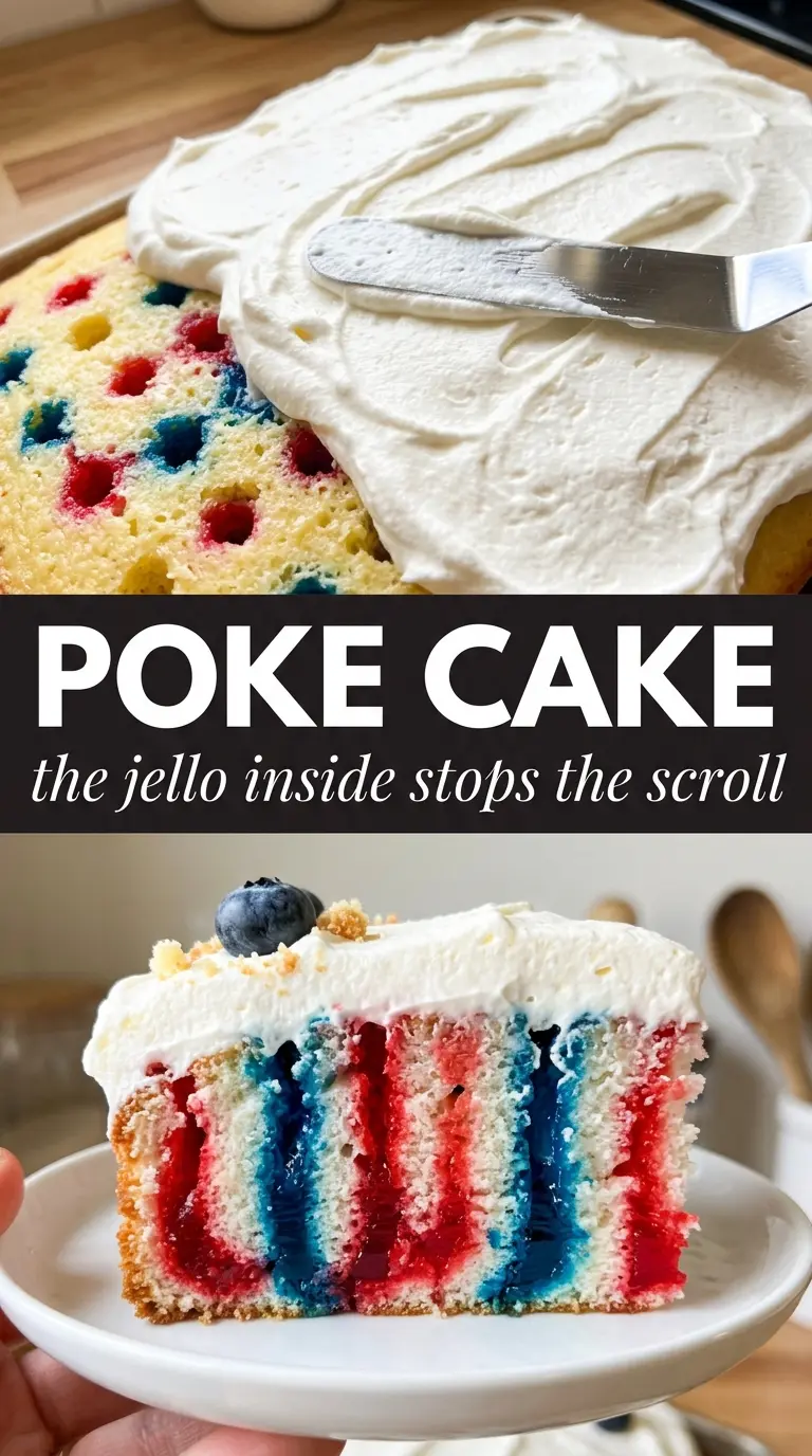 Red, White and Blue Poke Cake with strawberry blueberry stripes
