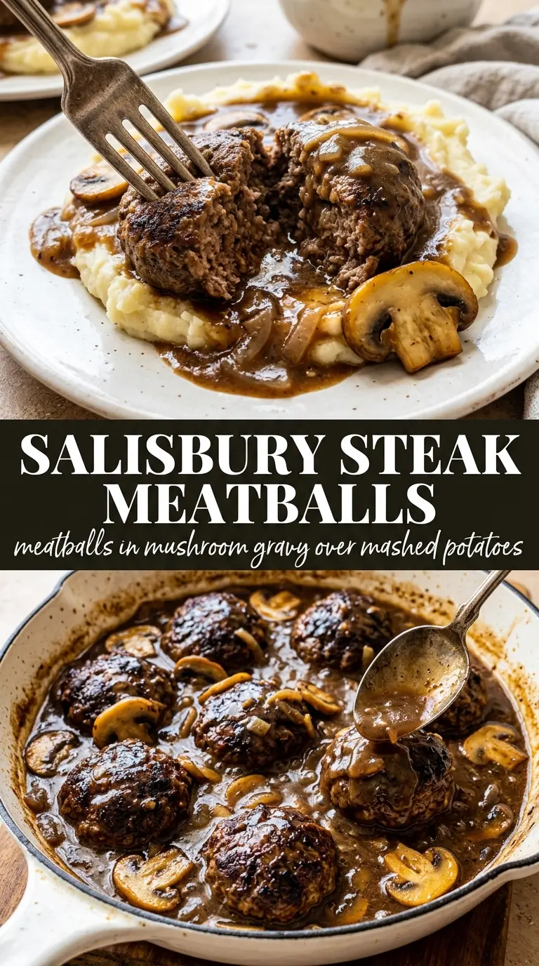 Salisbury steak meatballs with garlic herb mashed potatoes, savory gravy