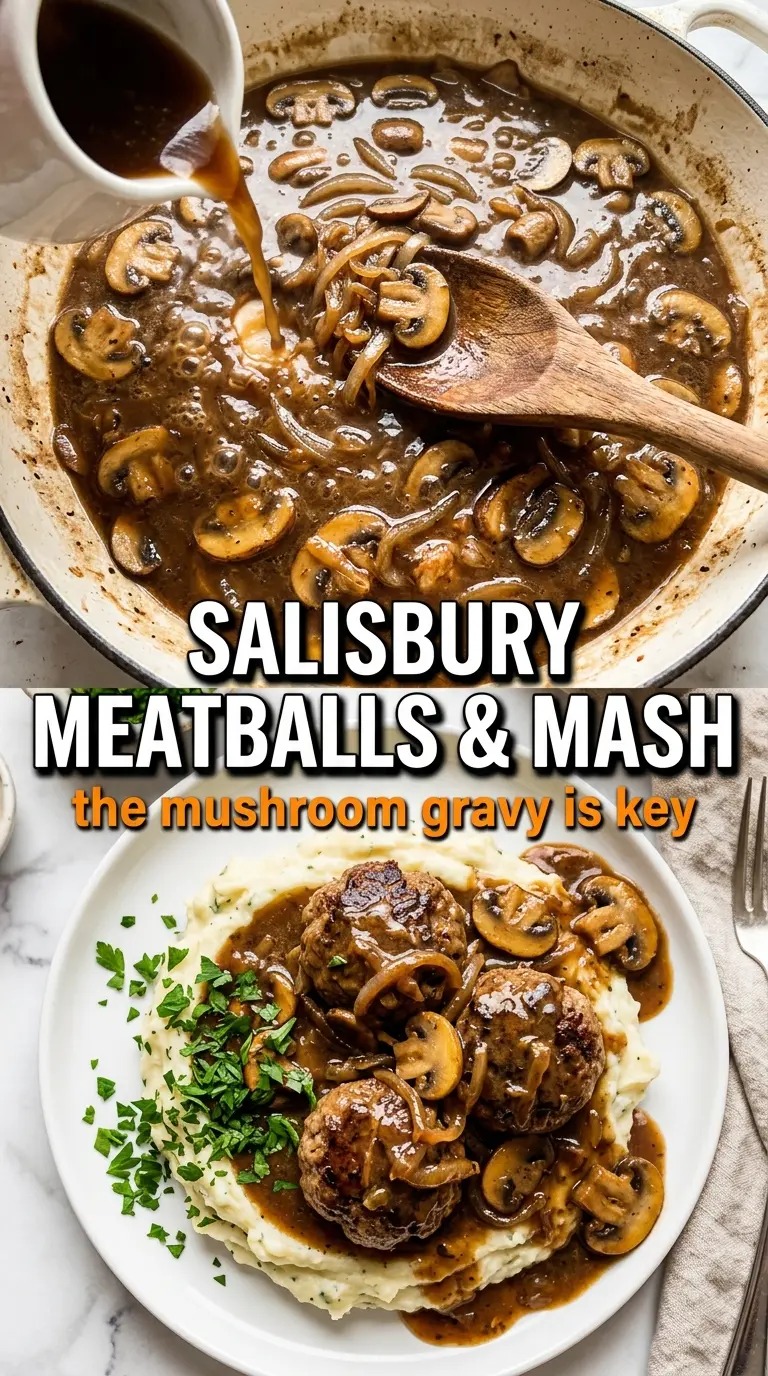 Salisbury steak meatballs with garlic herb mashed potatoes savory creamy