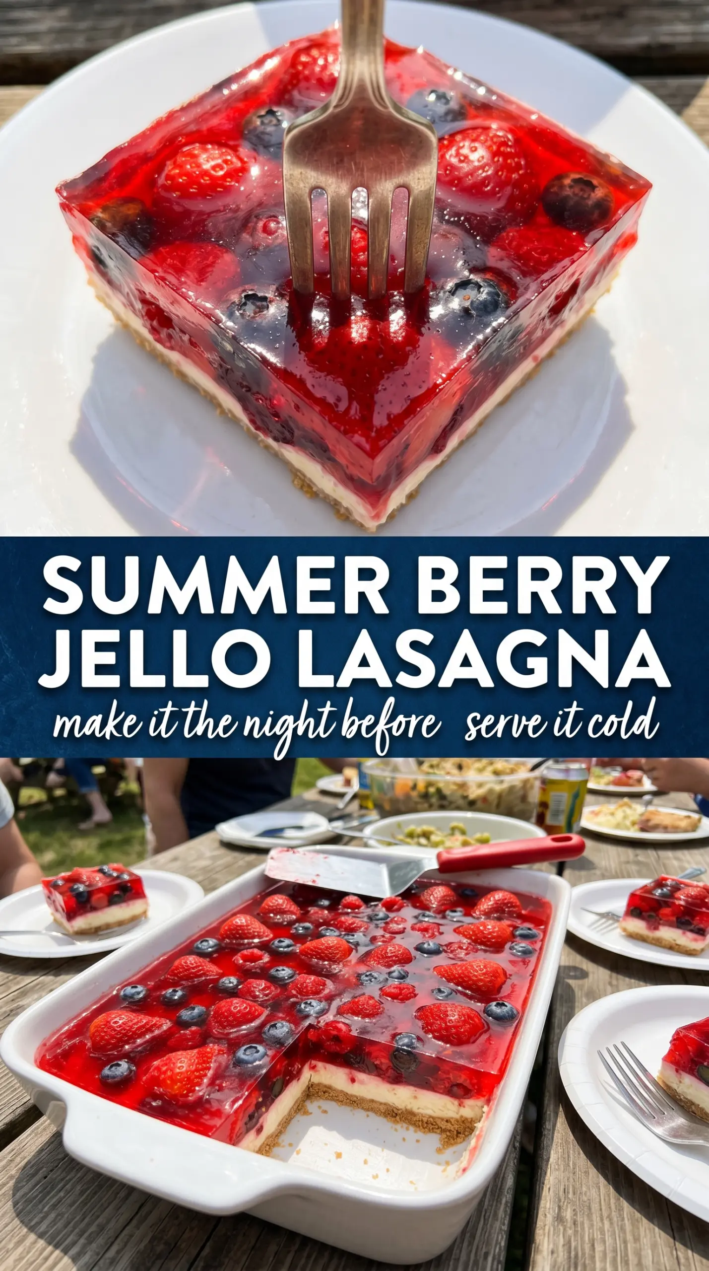 Summer Berry Jello Lasagna layered dessert, strawberry blueberry