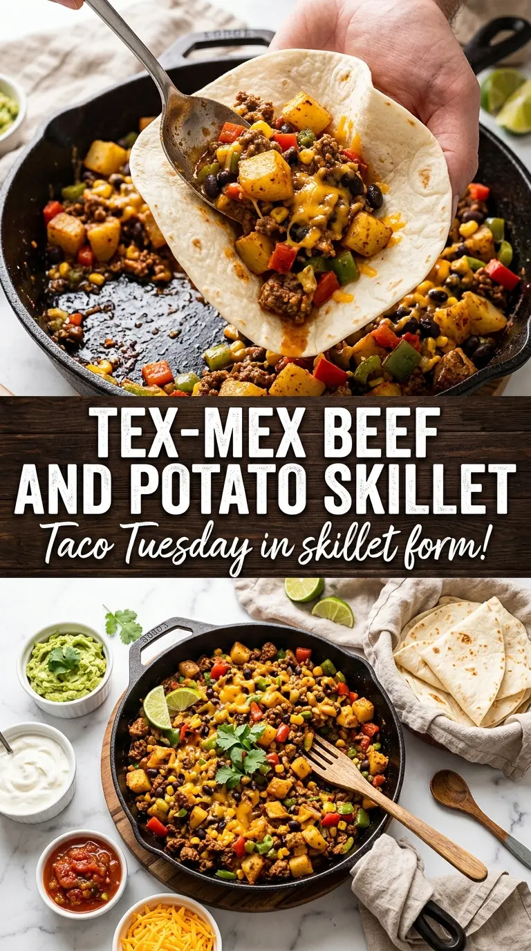 Tex-Mex Ground Beef and Potato Skillet crispy cheesy