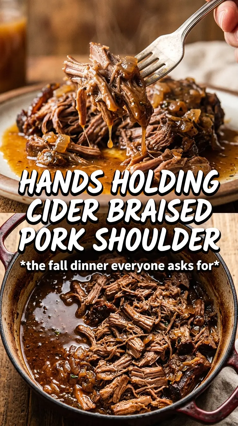 Apple Cider Braised Pork Shoulder with apples, cider sauce, herb