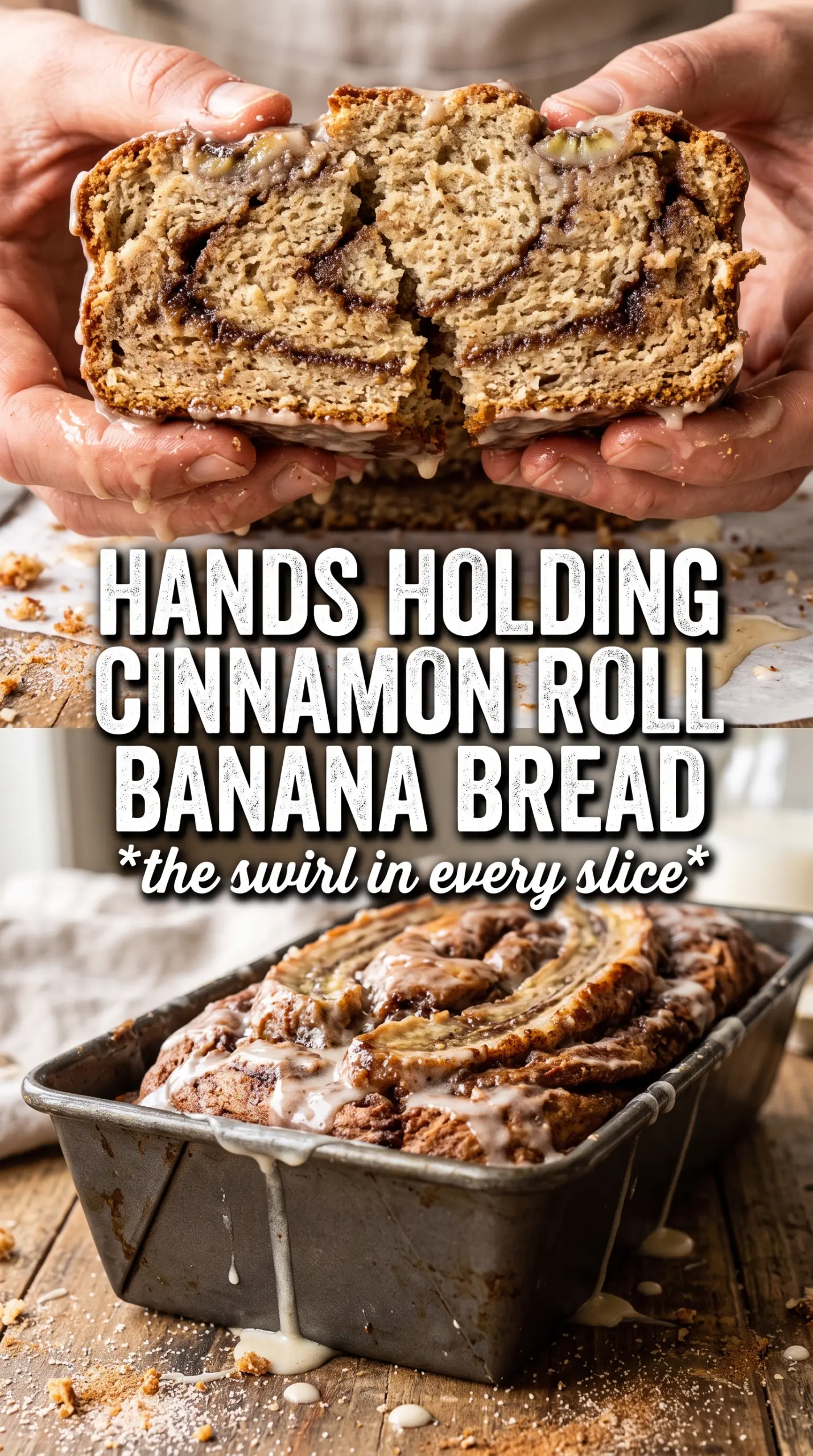 Cinnamon Roll Banana Bread sliced, swirled, glazed
