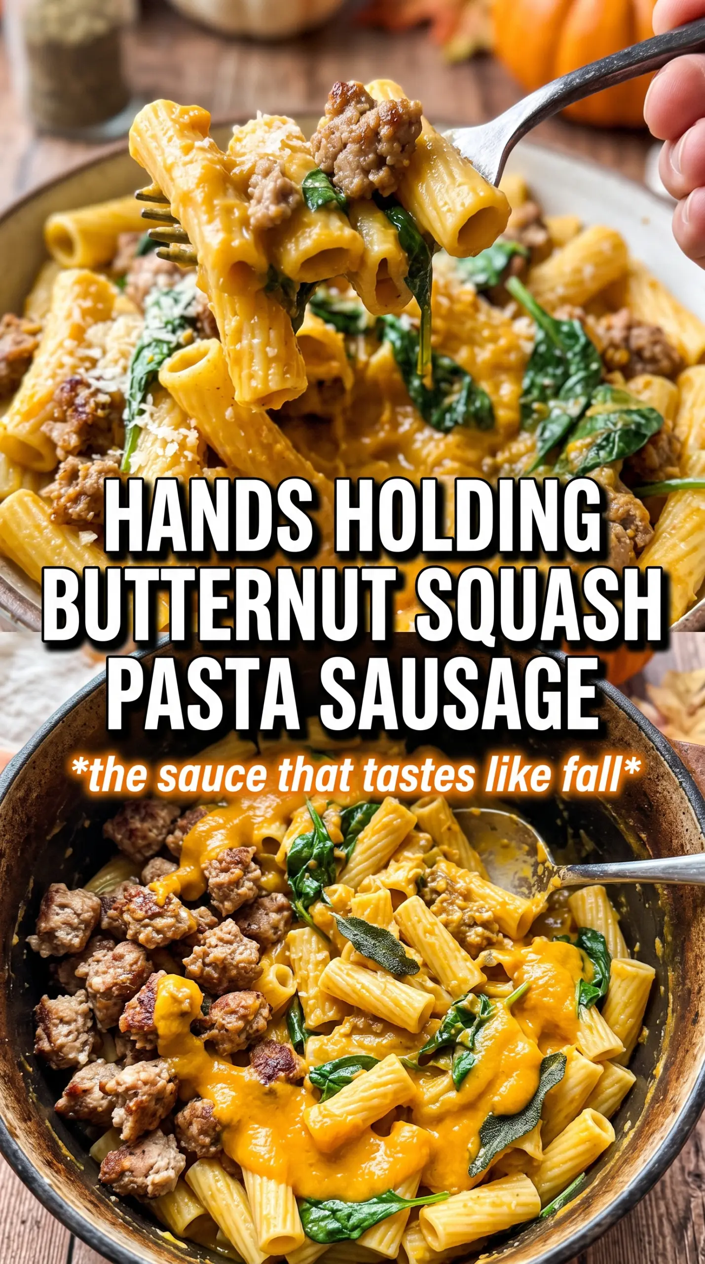 Creamy Butternut Squash Pasta With Sausage And Spinach creamy orange, savory, skillet