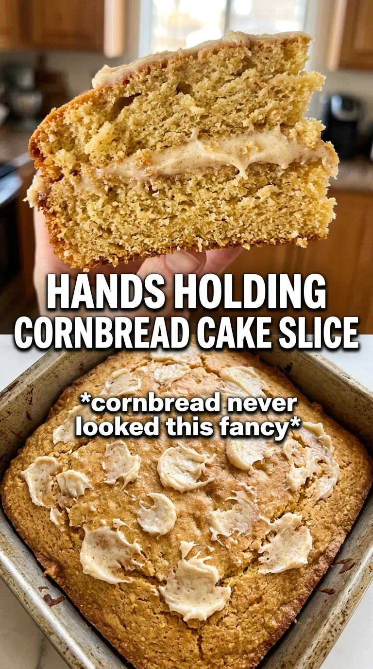 Layered cornbread cake with honey butter frosting, golden layers, sweet and salty