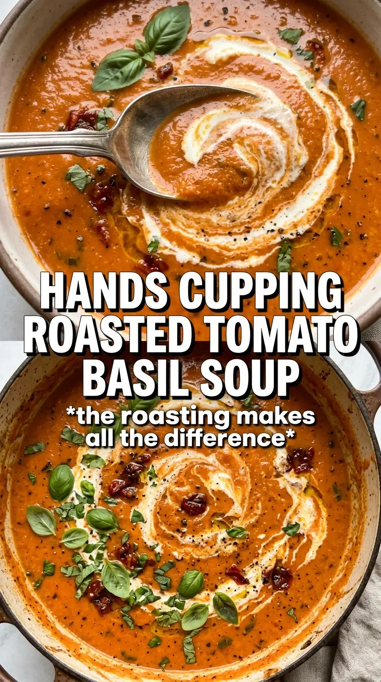 Roasted Tomato Basil Soup, creamy, rustic, herbaceous