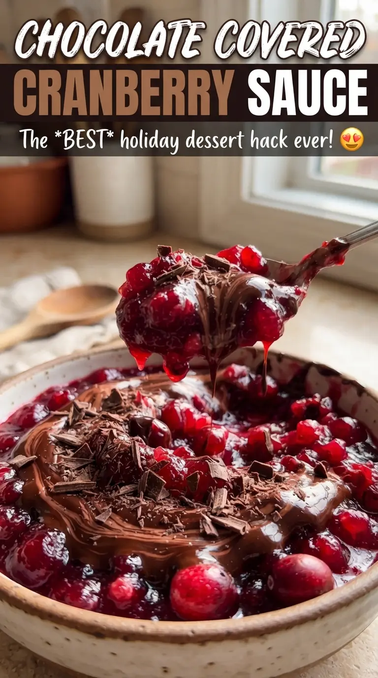Chocolate Covered Cranberry Sauce with glossy chocolate, tangy berries, and dark garnish