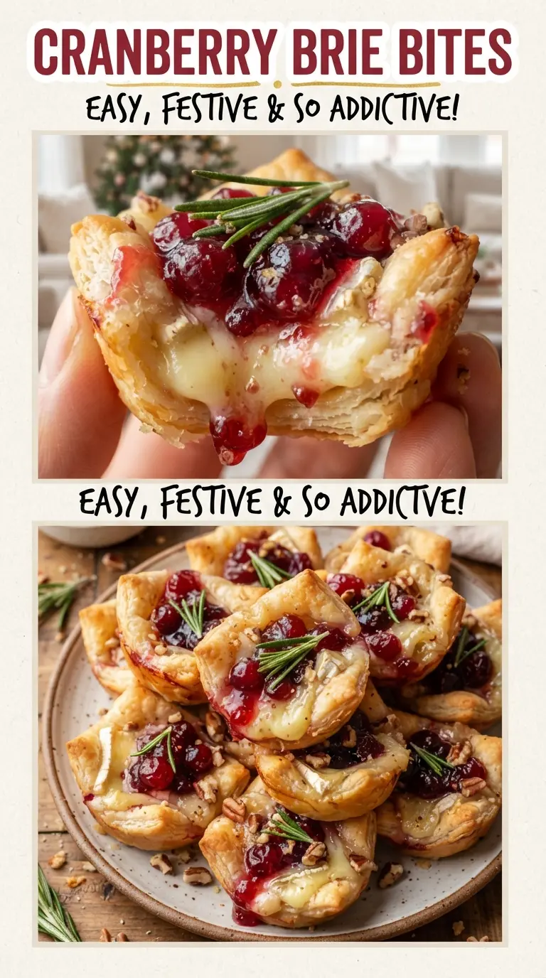 Cranberry Brie Bites golden puff pastry, cranberry, pecans